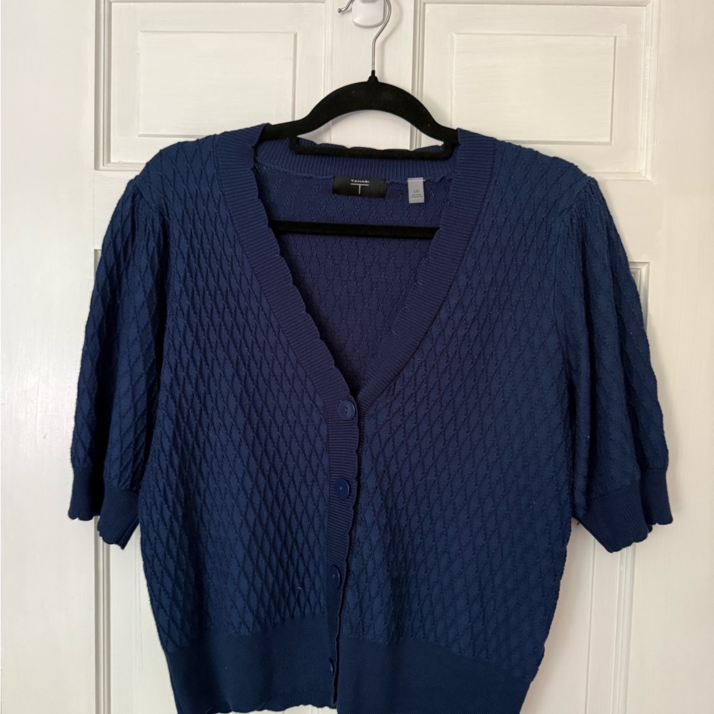 Tahari Navy Textured Cardigan
